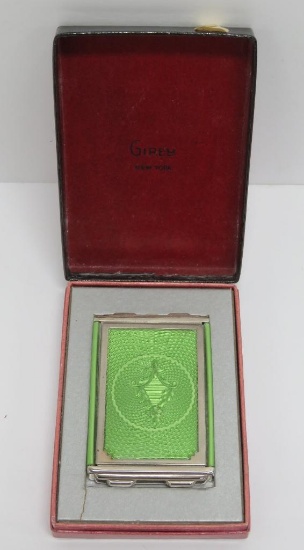 Girey enamel compact with box, gorgeous green geometric design, 3"