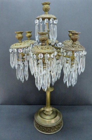 7 candle brass candelabra, very ornate 25" tall, about 150 prisms