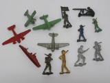 13 metal Cracker Jack toy prizes, soldiers, ships and airplanes