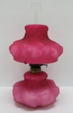 Cranberry satin case glass miniature puffy oil lamp, drapery pattern, 7 1/2