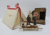 Toy soldier medical bunker and medical tent, assorted figures and sand bags