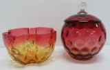 Two lovely pieces of Amberina, covered thumbprint jar and four corner finger bowl
