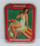 c. 1939 Drink Coca-Cola Delicious and Refreshing tray, woman in swimsuit, 10 1/2