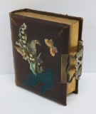 Nice ornate photo album, 8 tin types & 11 cabinet photos, butterfly and lily of the valley