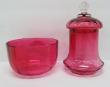 Two lovely cranberry glass pieces, covered jar and finger bowl