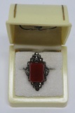 Vintage sterling marcasite and carnelian ring with vintage ring box, size 4 1/2