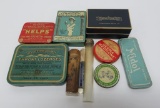 10 Medicine tins and vials, Midol, throat loxenges, inhalent and Cascaros