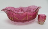 Delaware patterned flash cranberry flash boat shape bowl and toothpick holder, gold accents