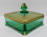 Green depression glass covered dish, heron and fan, divided dish, 8 1/2