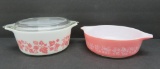 Two pink gooseberry Pyrex 471 bowls, one cover, 1 pint