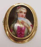 Hand painted woman with fan pin, 1 1/2