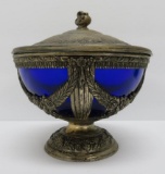 Cobalt covered dish with ornate metal work, 6 1/4