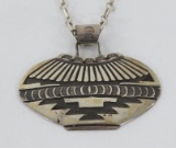 Sterling pendant necklace, Southwest pottery pendant marked R sterling, 2 1/2