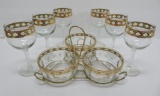 Vintage Valencia Culver lot, six wine glasses and three part condiment
