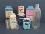 Baby product lot, Baby Powder, Vasoline, and baby bottles