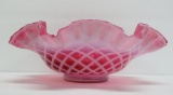 Fenton Cranberry glass brides basket, lattice ruffled top, 10 1/4