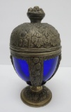 Ornate covered candy dish, cobalt glass interior, ornate fruit and nut decor on metal