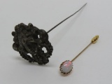10 kt gold and opal stick pin and lovely woman's head Nouveau hat pin