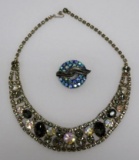 Two Lovely rhinestone jewelry pieces, pin and bib necklace