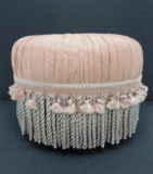 Sheila Davlin vintage inspired footstool, peach with pearl beaded center and fringe, 14