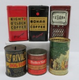 Five vintage still banks, product cans, 2 3/4