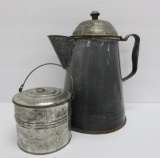Grey graniteware coffee pot and tin berry bucket