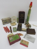 Nice sewing lot, tape measures, pin boxes, Singer paperweight, 1919 Shoe book