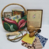 Sewing lot with woven basket and wooden darners
