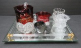 Ruby flash souvenir cup & pitcher, three toothpick holders and mirrored dresser tray