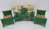 12 pieces of vintage wooden doll house furniture, green and ivory