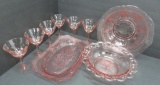 Pink Depression glass lot, bowls, oval tray and stems