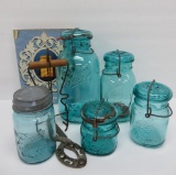 Blue canning jars, Canning book and jar lifter