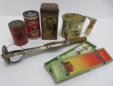 Vintage kitchen lot, tins, thermometer, beater and sifter