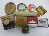 Assorted advertising tins, incense, typewriter ribbon, salve, Edison needles and Bromide