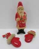 Celluloid Santa rattle and red Santa gloves pin