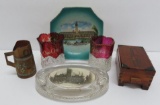 Souvenir lot, six pieces, ruby flash, paperweight, Worlds Fair and trinket box
