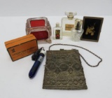 Vanity lot, micro bead purse, perfumes, kitty mirror and pin box