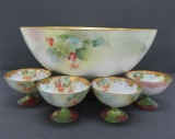 French hand painted serving bowl and four footed dishes, choke cherries