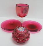 Cranberry glass, 1870 Loyola University thumbprint stem, plates and covered dish with damage