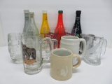 Bar lot, glass and metal mugs, glasses and bottles