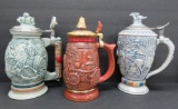 Three Avon steins, Christopher Columbus, Fire Dept and Horse racing