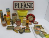 Large lot of vintage tins and Anacin display with wood PLEASE sign