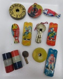 12 Metal Cracker Jack toy prize whistles and screamers, 1