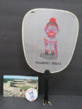 Milwaukee Braves lot, fan, Spahnie pin 1963 and Milwaukee Co Stadium post card
