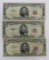 Three red seal $5 bills, series 1953 and 1953A, United States Note