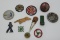 12 metal Cracker Jack toy prizes, tops, whistles, spinner and Sailor Jack