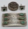 Men's lot, 925 belt buckle with turquoise, sterling cuff links with inlay stones, and dragon ring