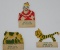 Three early marked Cracker Jack paper toy prizes, Fold back and stand