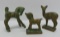 Three brass verdegris figures, horses and deer, 2