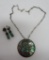 Mexican pin pendant, abalone inlay, JPM, and pair of earrings